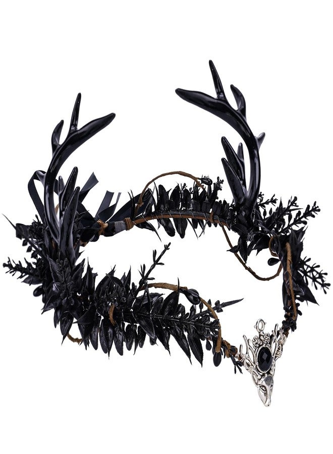 MOSTORY Gothic Black Antler Crown - Dark Elf Headpiece Forest Fairy Headband Fae Deer Horns Circlet for Women Renaissance Renfaire Cosplay Goth Wedding Halloween - Image 1